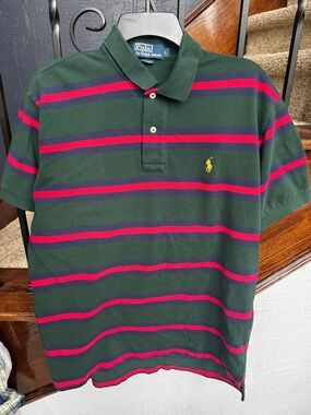 Large Polo by Ralph Lauren Green Polo with Red and Navy Stripes